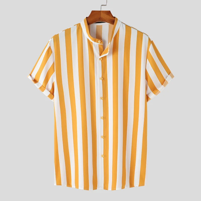 Striped Stand Collar Short Sleeve Summer Shirt