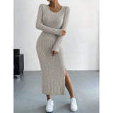 Winter Knitted Stripe Split Elastic Bodycon Dress