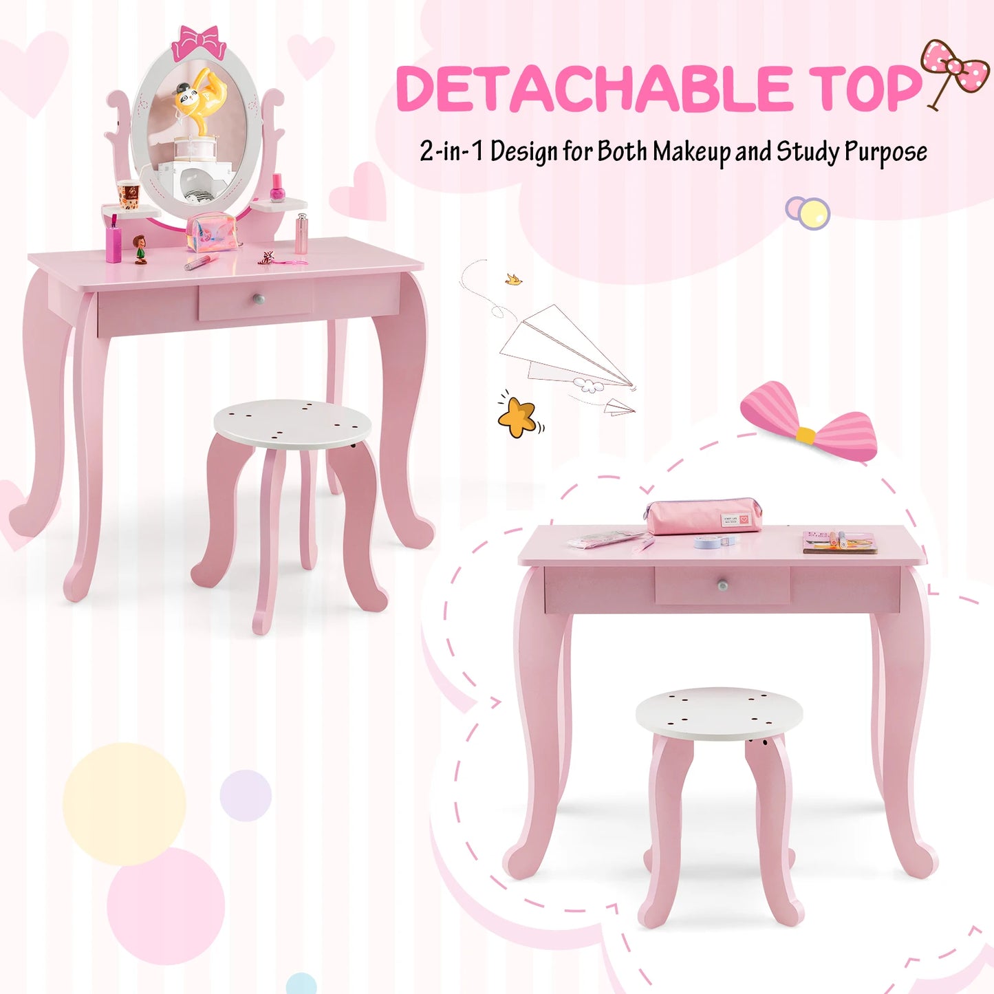 2-in-1 kids vanity table set
