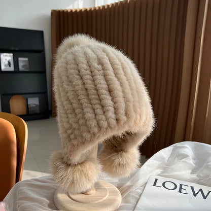 Winter knitted real mink fur hat