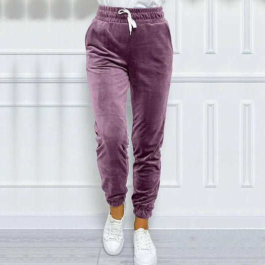 Solid drawstring velvet jogger pants