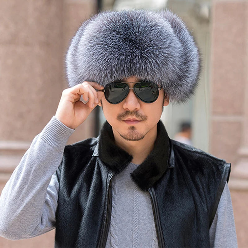 Winter men's fox fur bomber hat