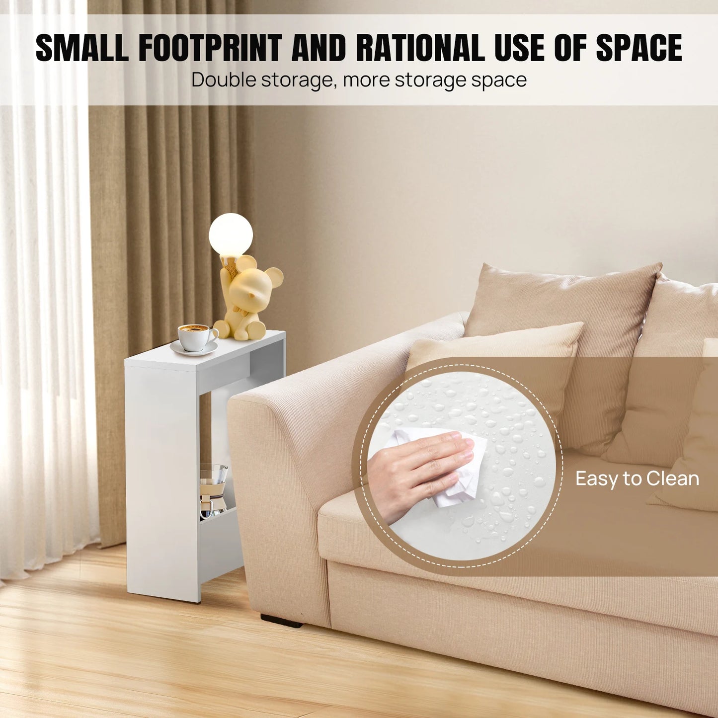 Narrow side table with storage shelf