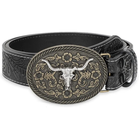 Engraved floral bull head leather buckle belt