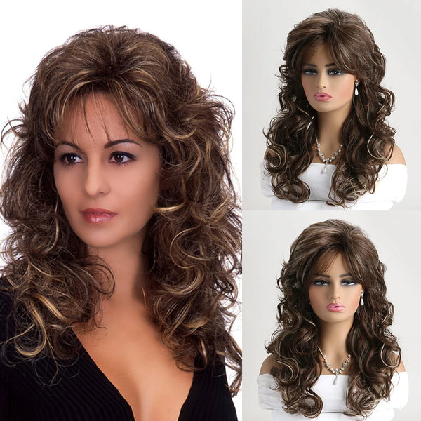 Natural Synthetic Mixed Brown Wigs with Bang
