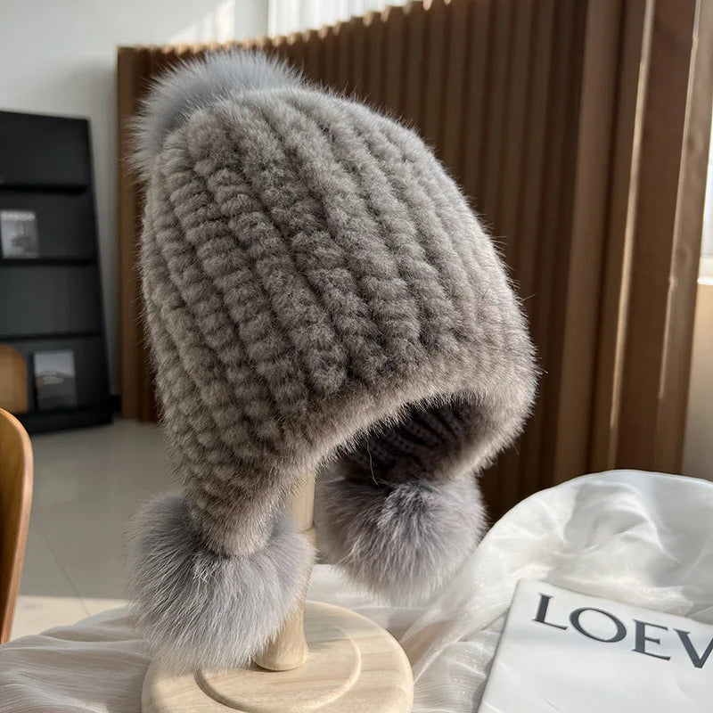 Winter knitted real mink fur hat