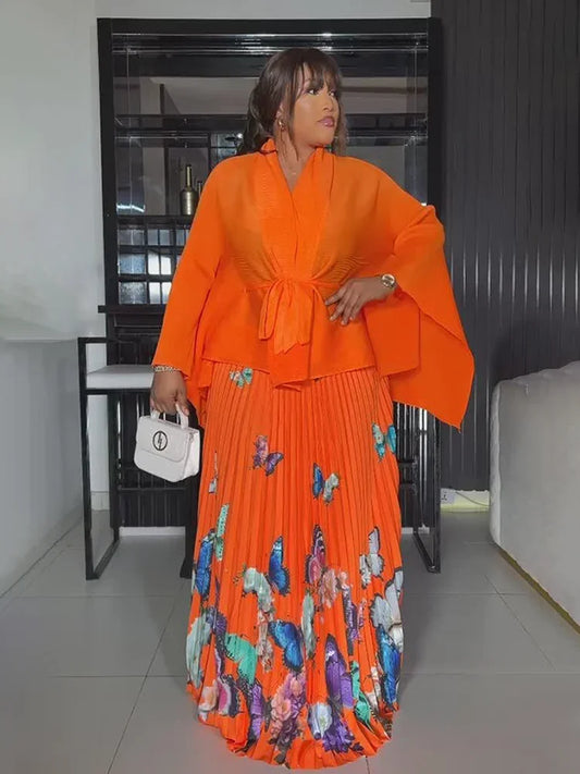 Pleated top + print long skirt sets plus size outfit