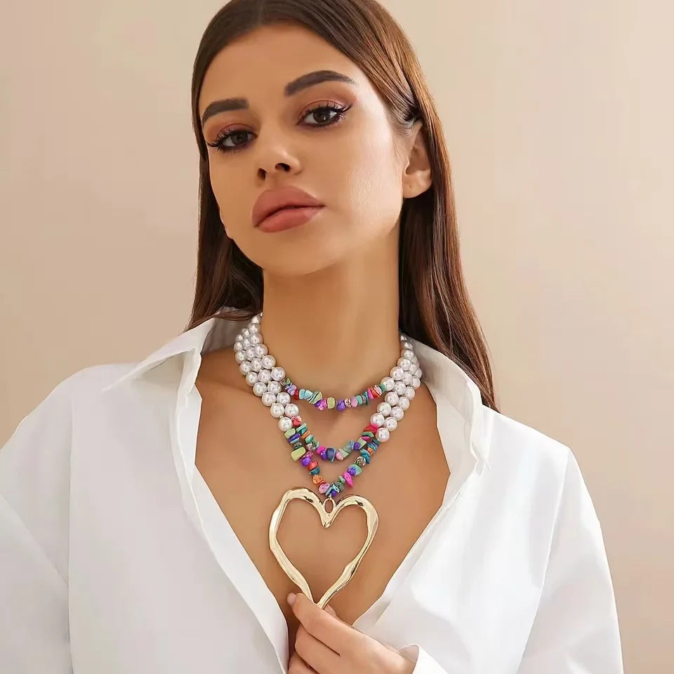 Multilayered Big Heart Pendant Choker Necklace