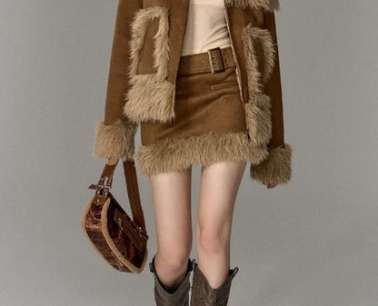Imitation fur spliced short skirt two-piece suit
