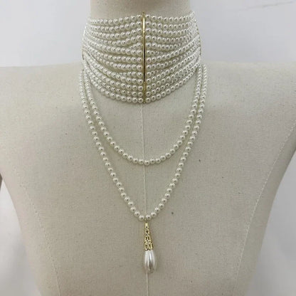 Multi Layer Simulated Pearl Tassel Pendant Necklace