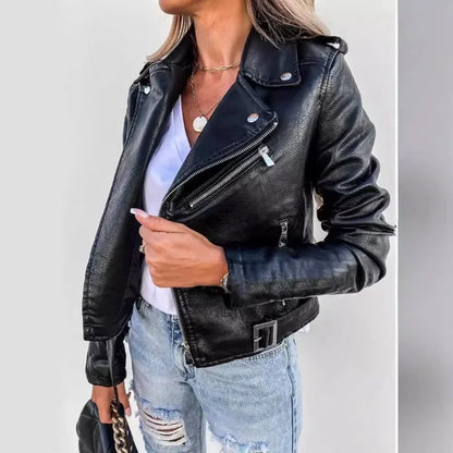 Women's long sleeve zipper pu leather jacket
