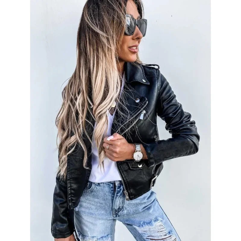 Women's long sleeve zipper pu leather jacket