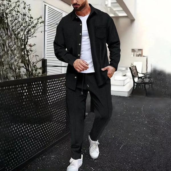 Men's Plain Waffle Long Sleeve Pants Suit