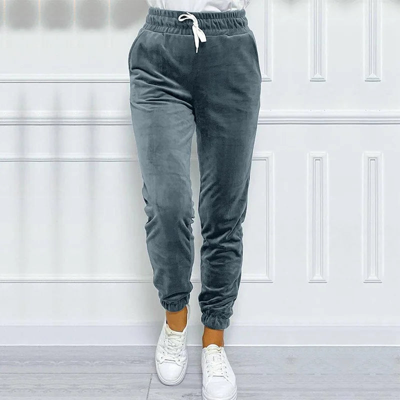 Solid drawstring velvet jogger pants
