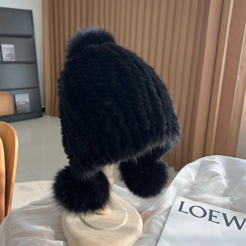 Winter knitted real mink fur hat