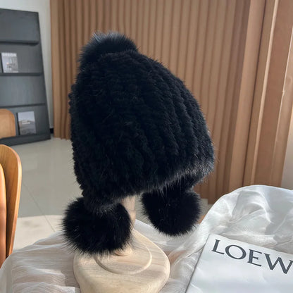 Winter knitted real mink fur hat
