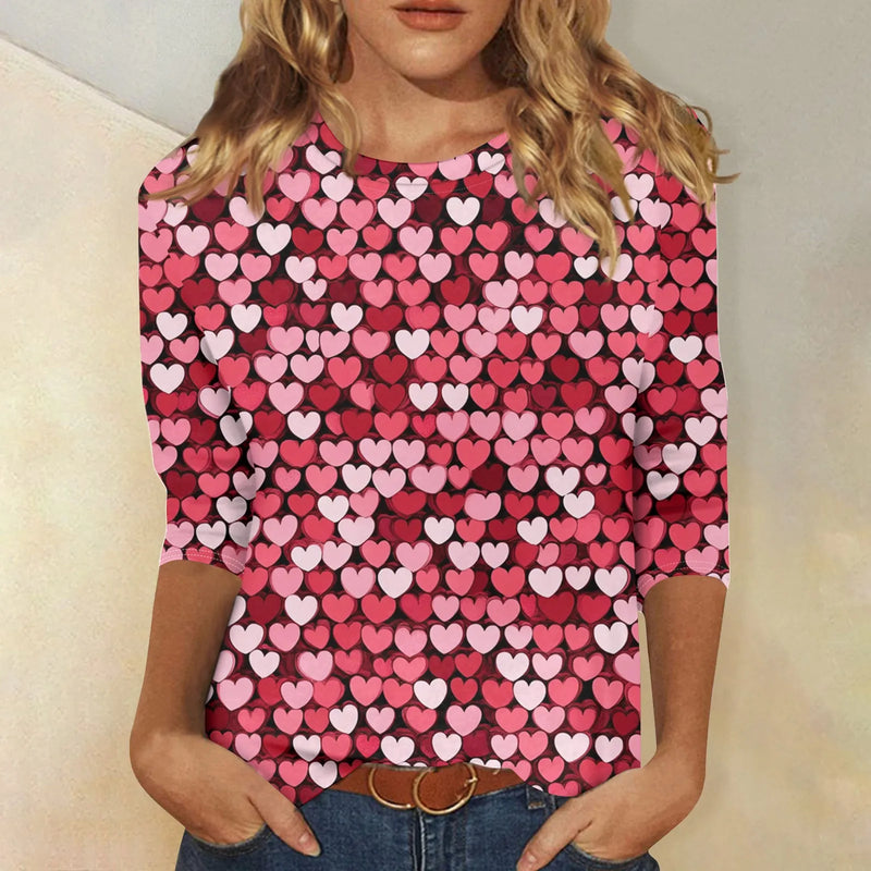 Heart Print Long Sleeve Top For Women