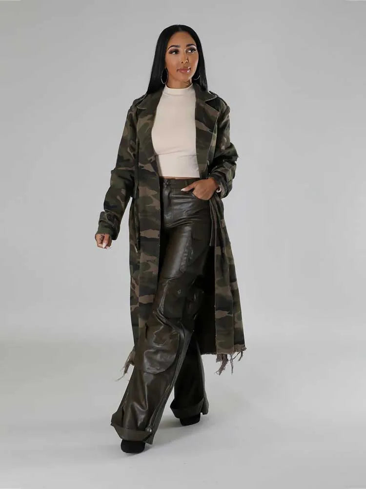 Camouflage long lace up straight coat