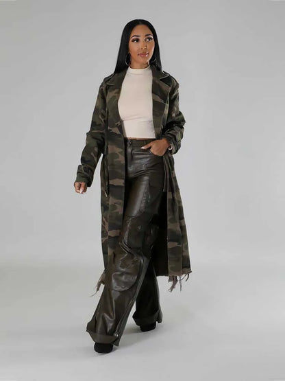 Camouflage long lace up straight coat