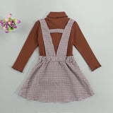 Solid Turtleneck Tops + Plaid Suspender Skirt Set