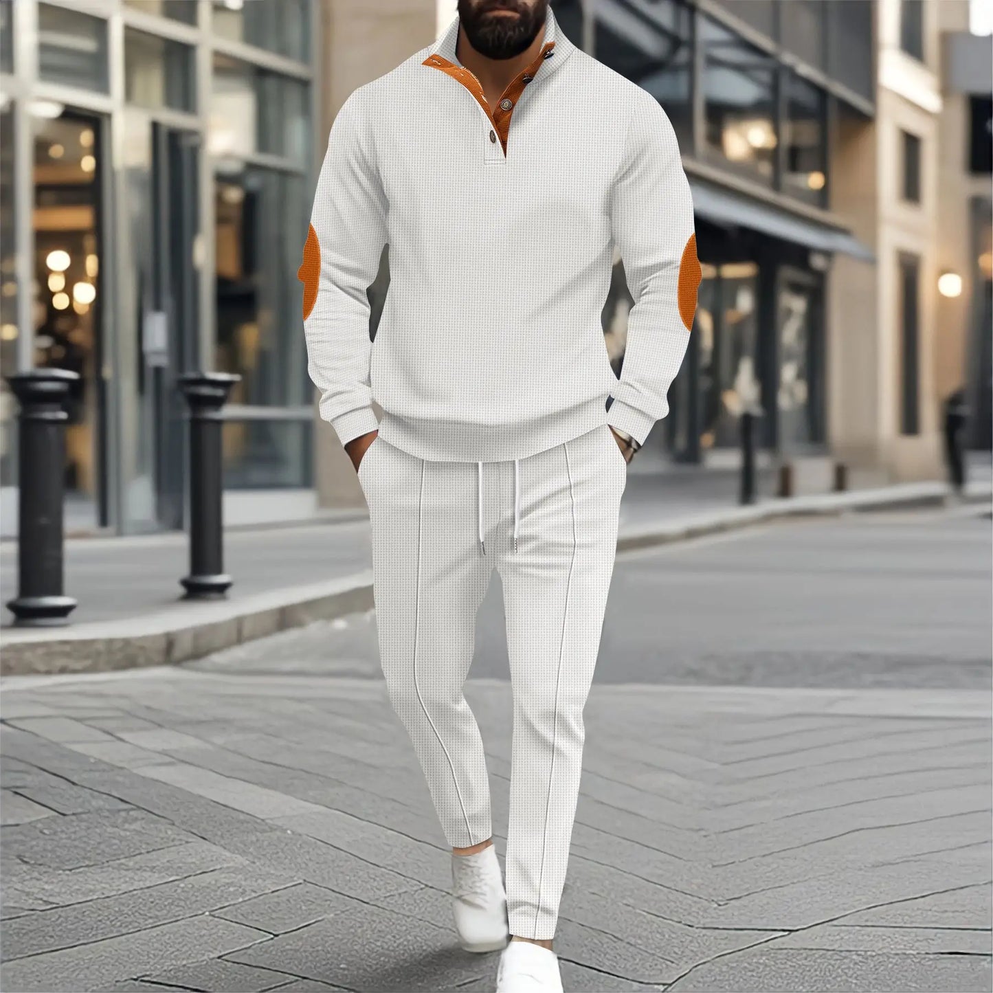 Men's plain waffle long sleeve pants suit