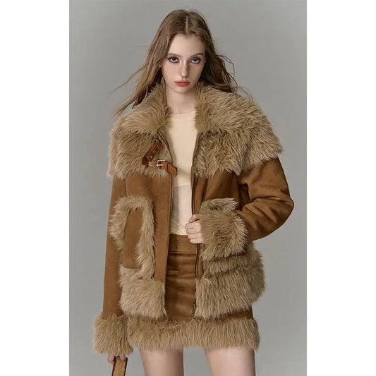 Imitation fur spliced short skirt two-piece suit