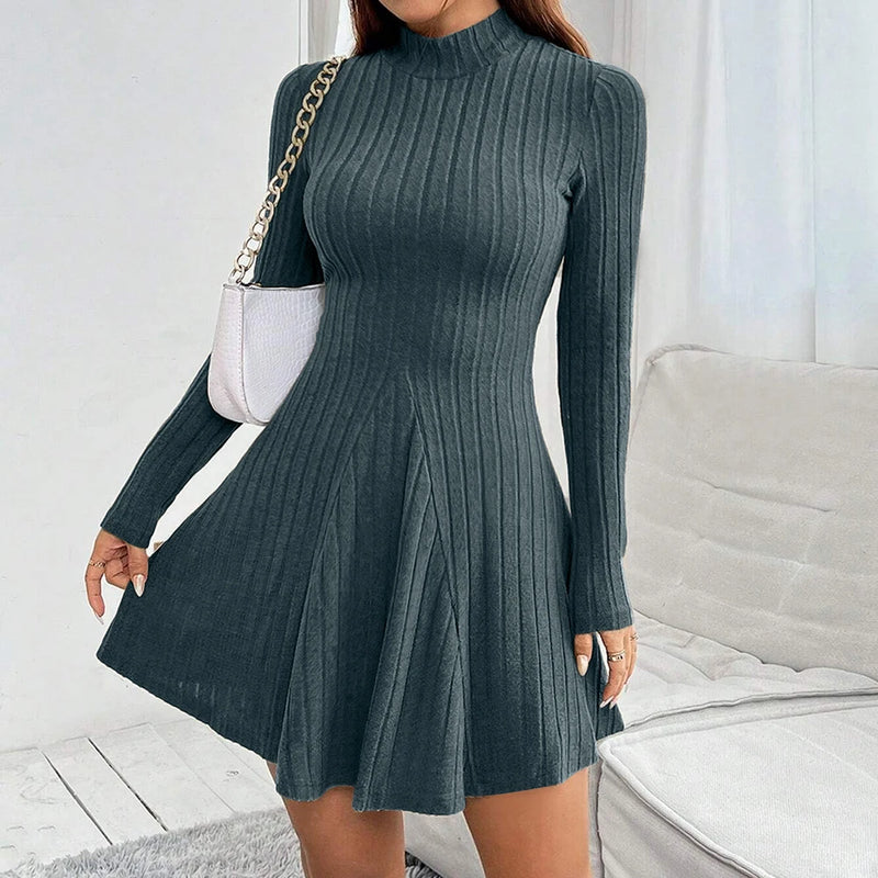 Long Sleeve High Waisted Flare Hem Casual Dress