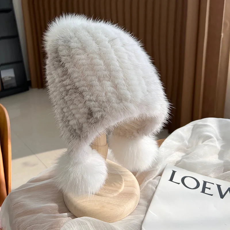 Winter knitted real mink fur hat