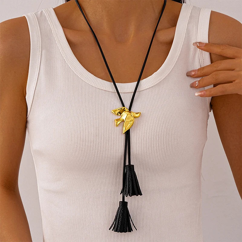 PU Leather Chain Metal Peace Dove Necklace
