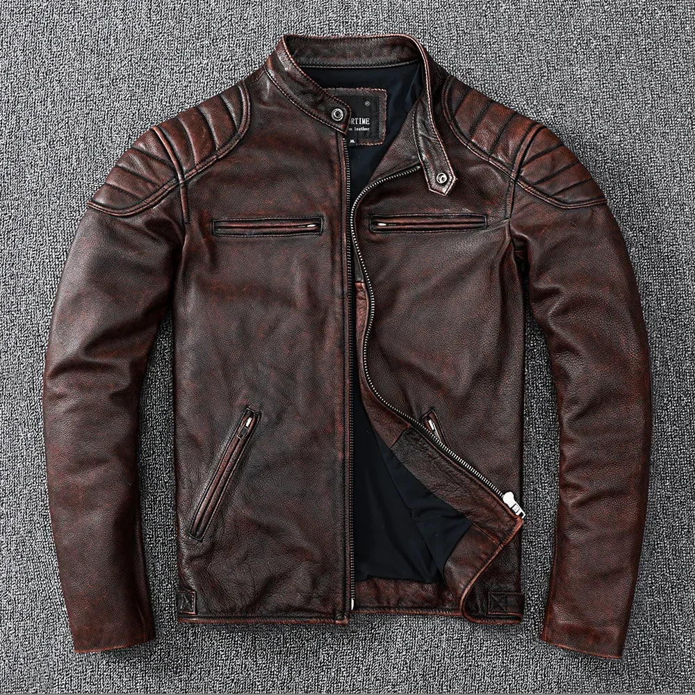 Vintage style cowhide genuine leather jacket