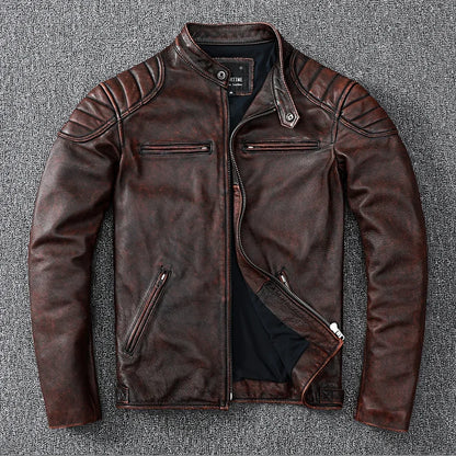 Vintage style cowhide genuine leather jacket
