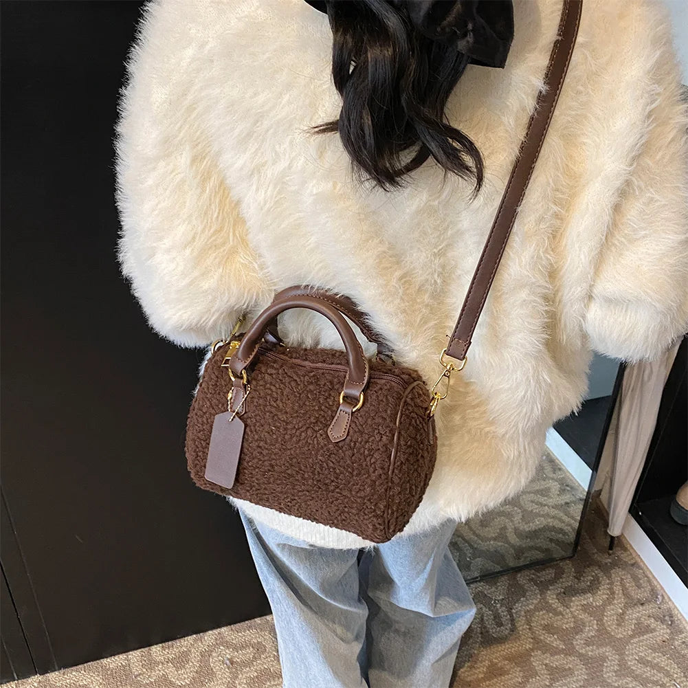 Ladies plush top handle clutch handbag