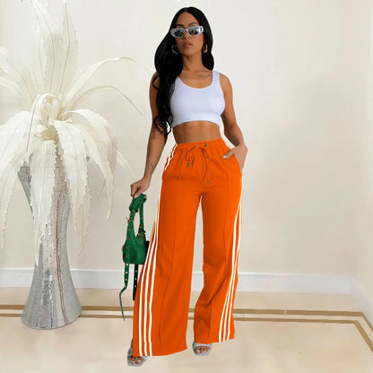 High waist stripe patchwork lace up pants