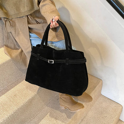 Buckle decorative design faux suede handbag