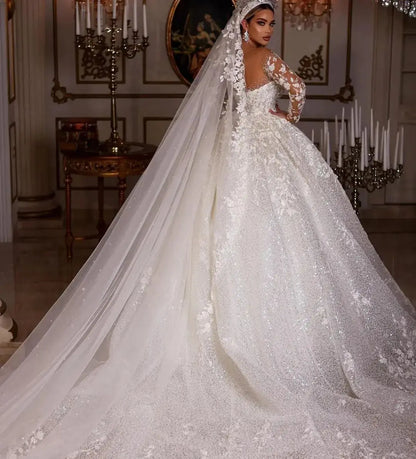 Long sleeves sequins beads luxury wedding dress