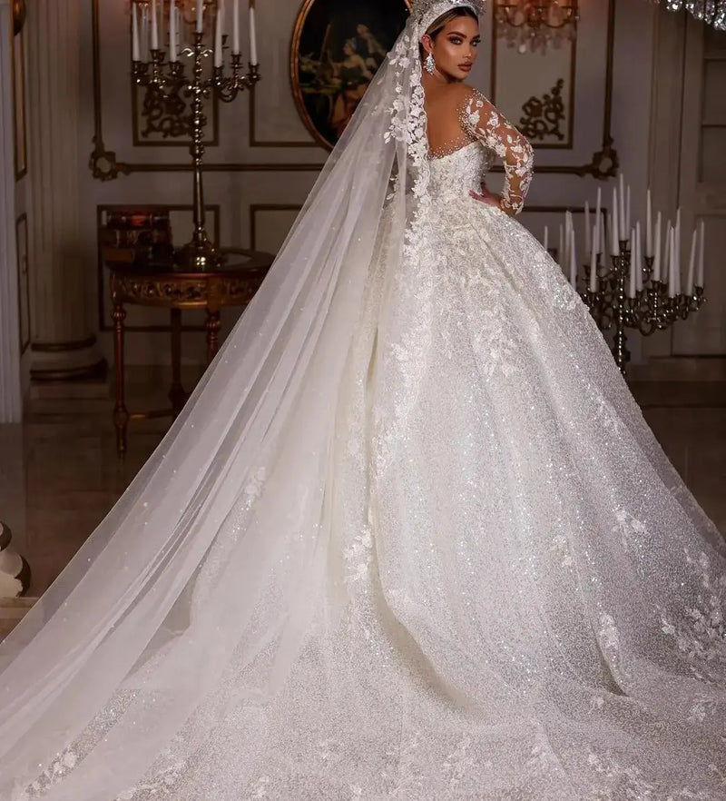 Long Sleeves Sequins Beads Luxury Wedding Dress