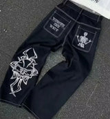 Gothic Retro Cross Rhinestone Wide Leg Trouser