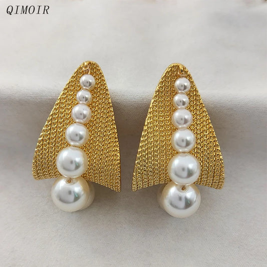 Geometric Metal Imitation Pearl Post Earrings