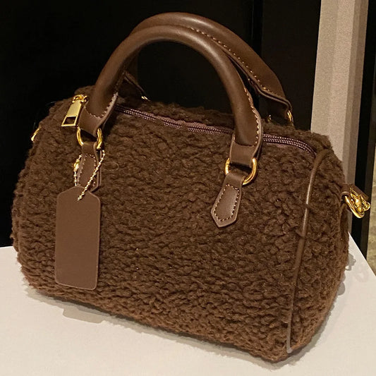 Ladies plush top handle clutch handbag