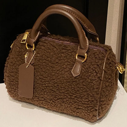 Ladies plush top handle clutch handbag