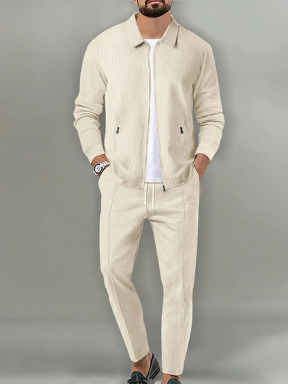 Men's plain waffle long sleeve pants suit