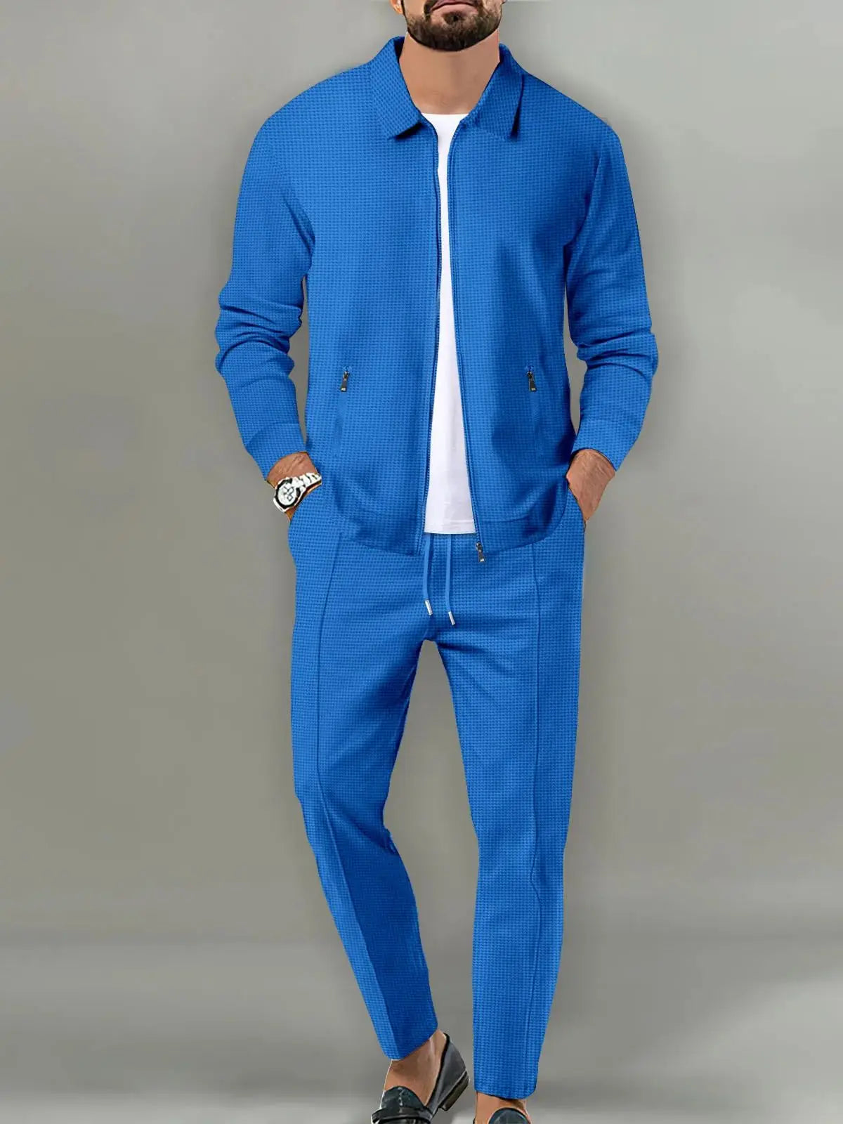 Men's plain waffle long sleeve pants suit