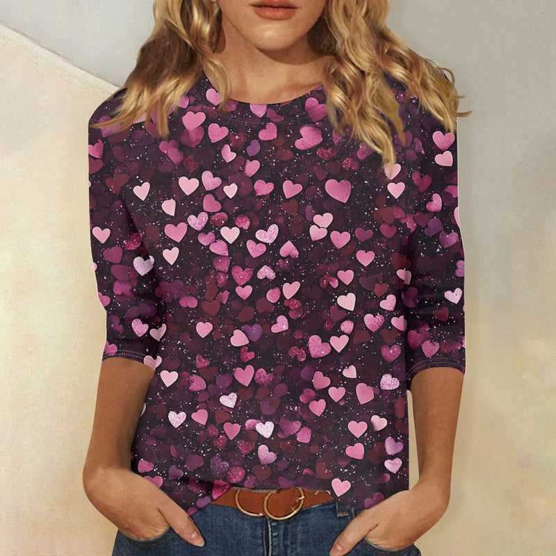 Heart Print Long Sleeve Top For Women
