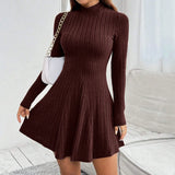 Long Sleeve High Waisted Flare Hem Casual Dress
