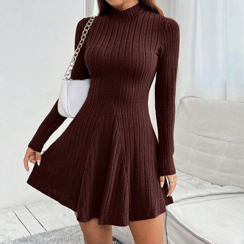Long Sleeve High Waisted Flare Hem Casual Dress