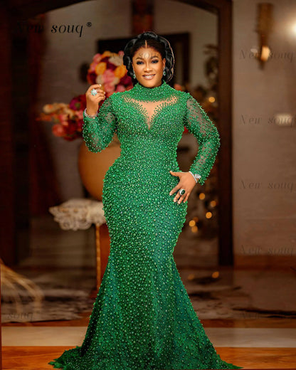 Pearls beaded long sleeves mermaid evening dress