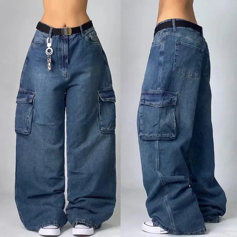 Fashion retro punk high waist wide leg trousers