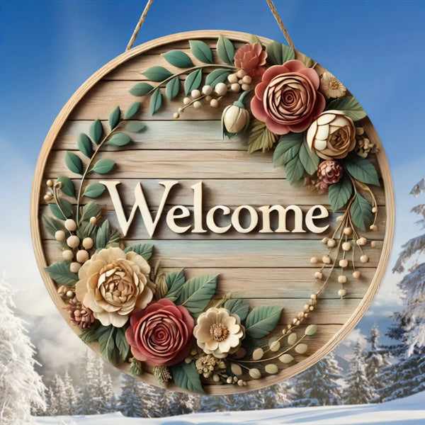 Round Retro Wooden Wreath Welcome Sign For Home Decoration