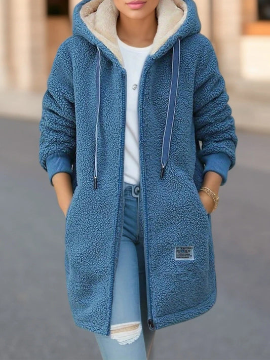 Hooded thickened fleece-lined wool jacket
