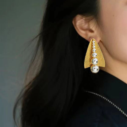 Geometric Metal Imitation Pearl Post Earrings
